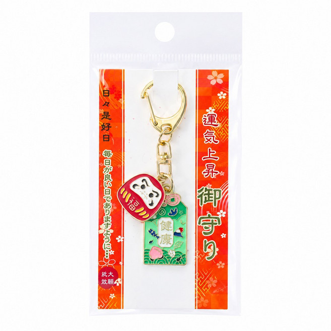 日本 運氣上升御守達摩招財貓造型鑰匙圈吊飾 開運 招財 祈福 平安 幸運小物(4款任選), 達摩-紅x綠色, 1個