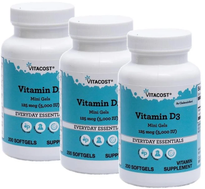비타코스트 비타민D3 5000IU 미니캡슐 소프트젤 Vitacost Vitamin D3 Mini Gels, 3개, 200정 - 쿠팡
