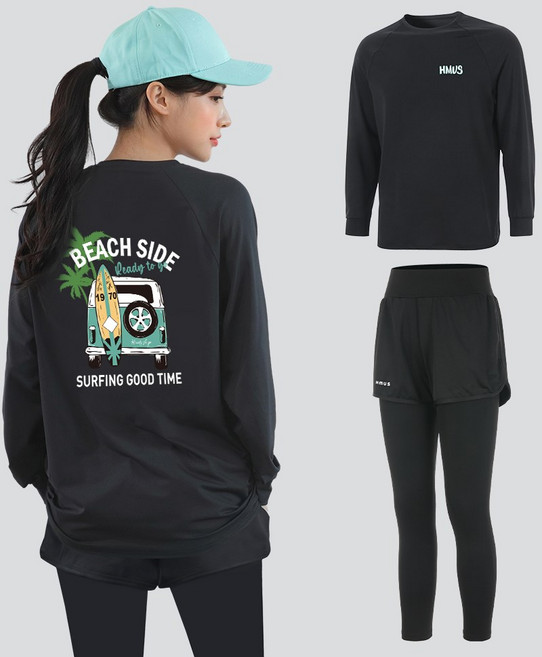 여자 루즈핏 긴팔 래쉬가드 상의 + 반바지 레깅스 하의 팬츠 세트 비치웨어 체형커버 자외선차단 휴양지 바캉스룩