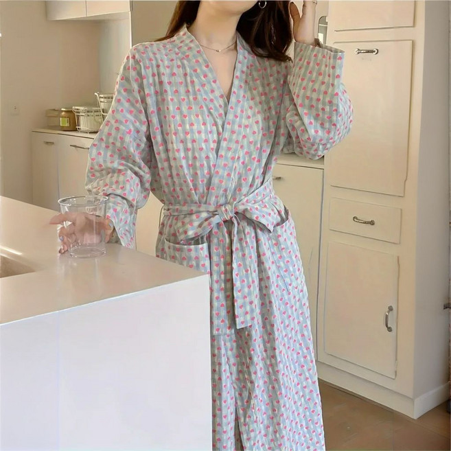 귀여운 하트 체크무늬 플러스 사이즈 브이넥 홈웨어 루즈핏 샤워가운, 1개, 핑크체크