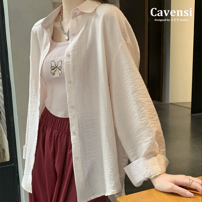 【Cavensi】天絲罩衫 薄襯衫 防曬罩衫 微透膚壓紋 長袖襯衫