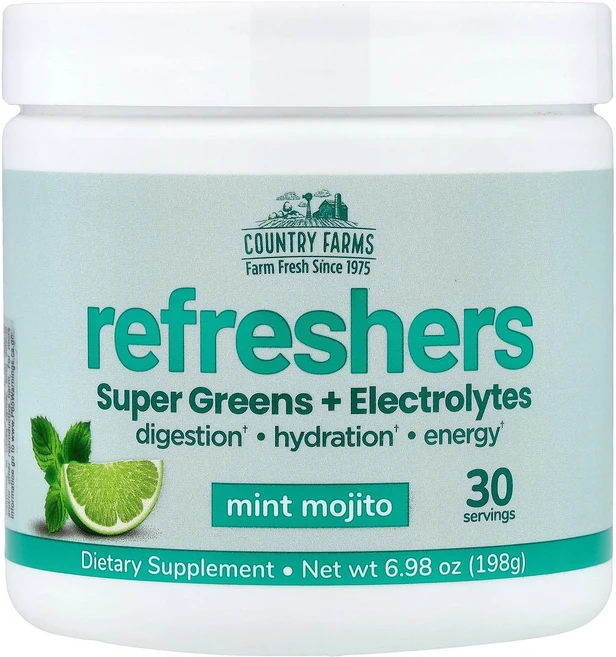 Country Farms Refreshers Super Greens + Electrolytes Mint Mojito 6.98 oz (198 g), Country Farms, Refreshers, Sup, 1개 - 쿠팡