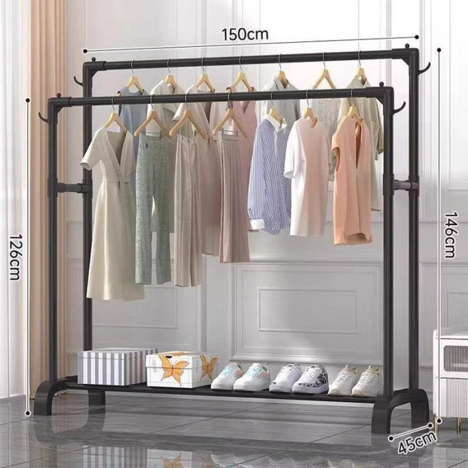 落地加粗加厚掛衣架 折疊臥室衣帽架 簡易室內衣架, 兒童款150CM雙桿黑