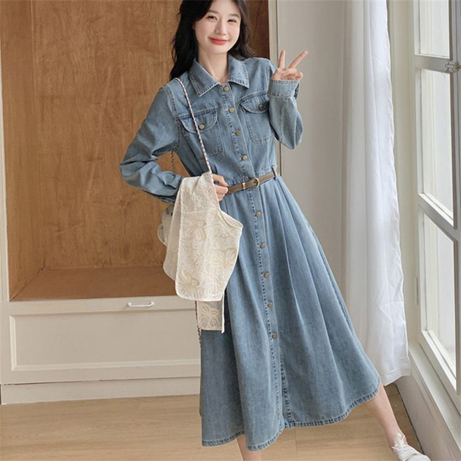 AOKADA 여성 봄 가을 데님 원피스 키작녀 플레어 A라인 셔츠 청원피스