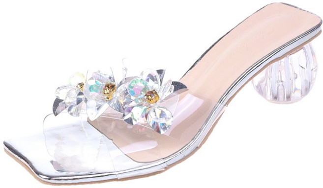 2023 여성 4.5 하이힐 슬라이드 뮬 레이디 신데렐라 크리스탈 다이아몬드 투명 슬리퍼 샌들 PVC 신발