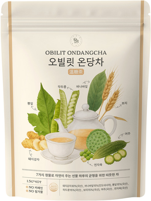 오빌릿 온당차 혈당차 7가지원물 뽕잎 돼지감자 바나바잎 여주 연자육 작두콩 보리 식후혈당케어 건강차, 1개, 40개입, 1.5g
