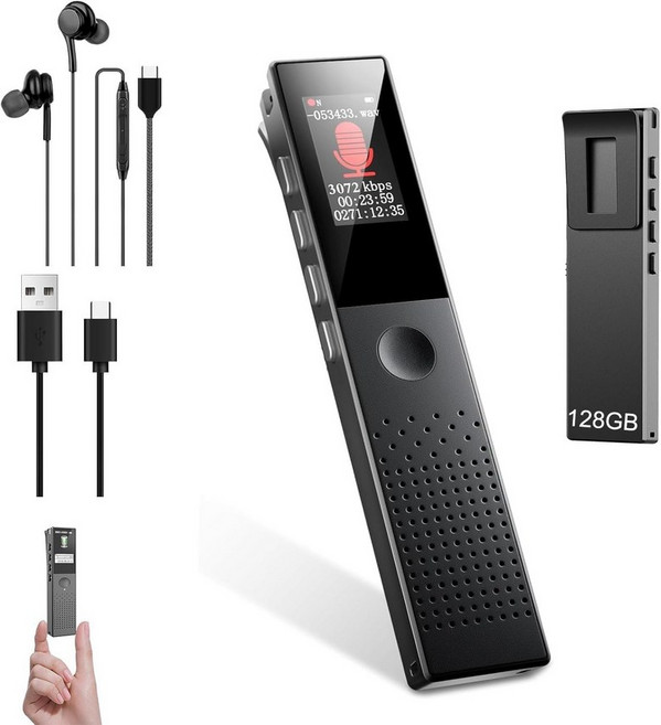 128GB 디지털 음성 녹음기재생 AI 소음 감소 활성화 녹음 비밀번호 보호 MP3 플레이어 원터치 작동 USB-C 강의 회의 인터뷰 수업 포함, Black