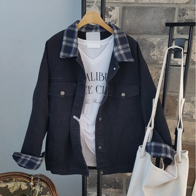 상상그이상 여성용 오버핏 카라넥 체크 청 자켓 레트로 레이어드 데님 자켓 간절기 아우터 캐주얼 점퍼