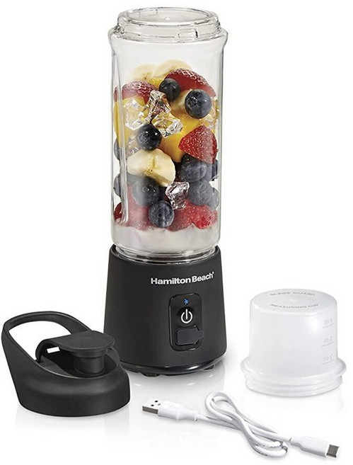Hamilton Beach 쉐이크 및 스무디용 미니 무선 휴대용 개인용 블렌더 USB 충전식 누출 방지 여행용 뚜껑이 있는 473.2ml(16온스) 병 스테인리스 스틸 블레, 블랙