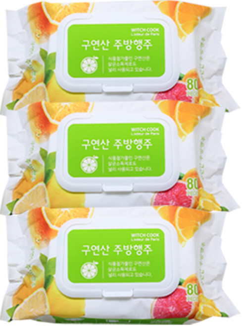 세균 싹 찌든 때 구연산 주방행주 1팩x3팩 구연산 주방 물티슈 살균소독 물티슈 행주, 80매입, 3개