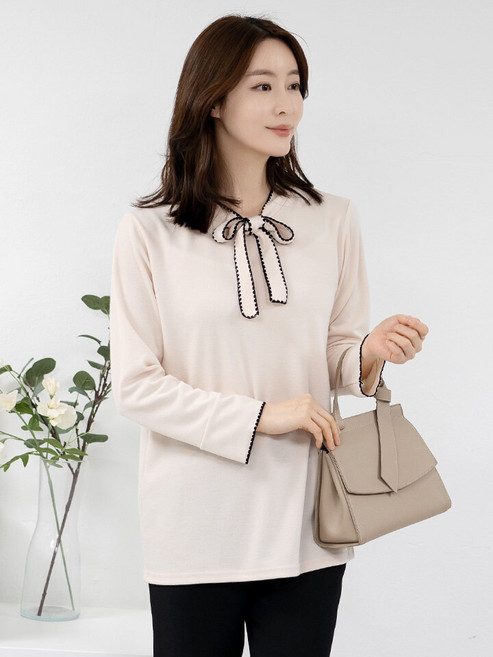 모슬린 엄마옷 리본 타이 긴팔 티셔츠 515FGH012 마담/중년여성/빅사이즈/50대/60대