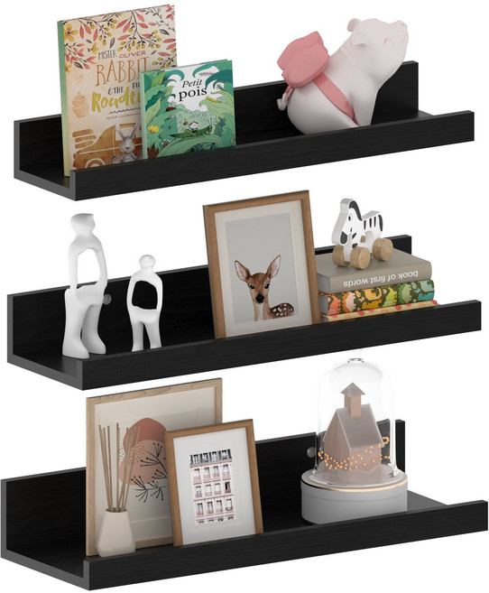 Olivet 벽걸이 수납 선반 원목 벽걸이형 다용도 수납 선반, 검정색, 3단