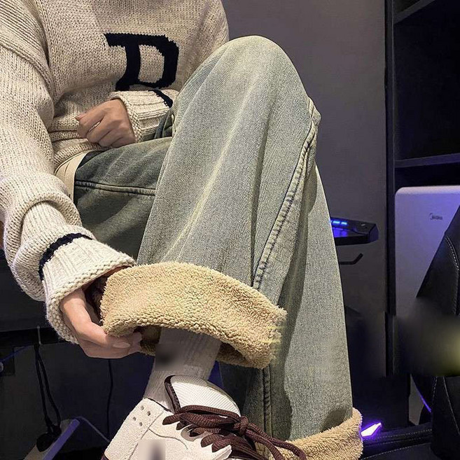 남자 겨울 따뜻한 기모 청바지 남성 보온 방한 양털 안감 와이드핏 데님 바지 팬츠