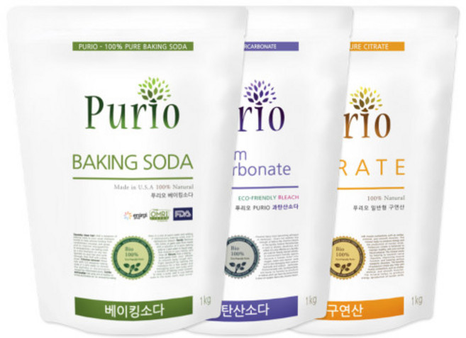 푸리오 세제 3종 세트 (베이킹소다 1kg + 과탄산소다 1kg + 구연산 1kg), 1세트, 3kg