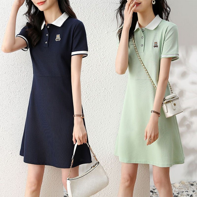 Ashysnow 스포츠 원피스 여성 여름 루즈핏 곰돌이 자수 폴로 카라 테니스 골프 스포츠 반팔 원피스