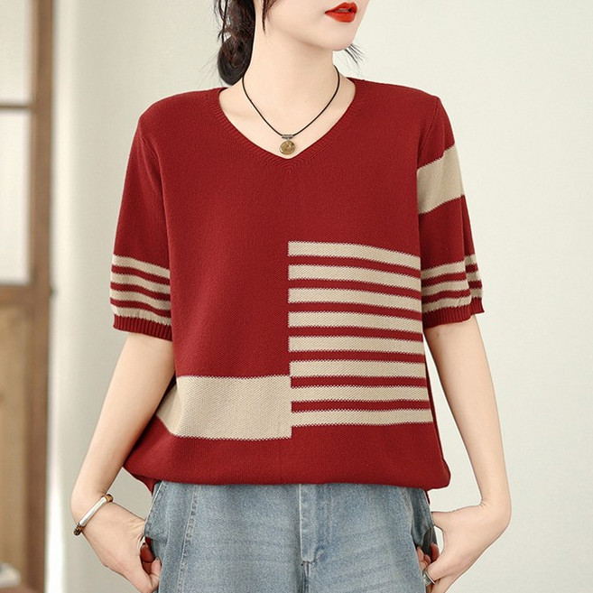 티티웍스 여성 빅사이즈 V넥 스트라이프 배색 쿨 니트