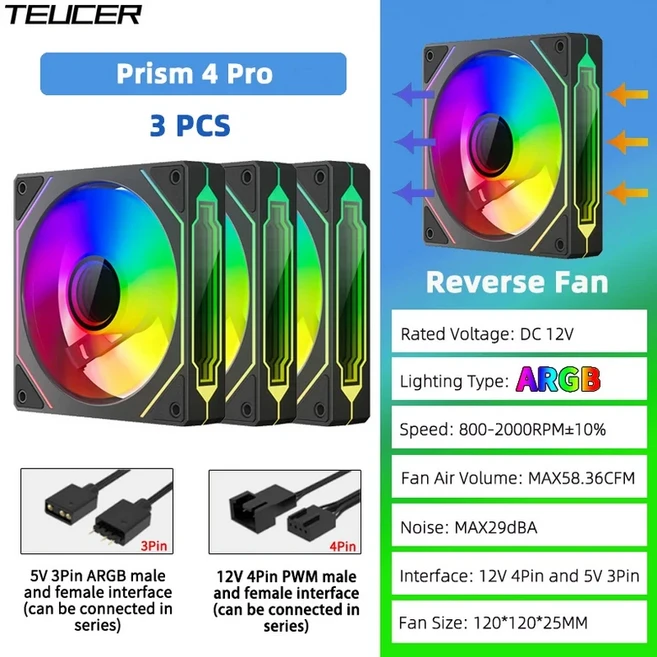 TEUCER Prism4 Pro 12cm ARGB 팬 PC 케이스 키트 4핀 PWM CPU 냉각 5v 게임용 컴퓨터, 01 As Shows, 01 A-RGB, 04 B-Reverse-3