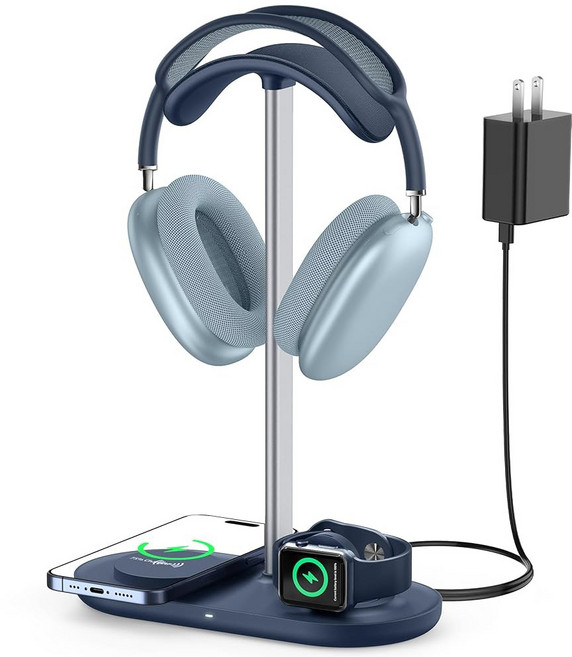 범용 헤드폰 스탠드 아이폰용 마그네틱 무선 충전기 / 아이워치 알루미늄 합금 막대 가죽 패드 ABS 솔리드 베이스 화이트, Blue