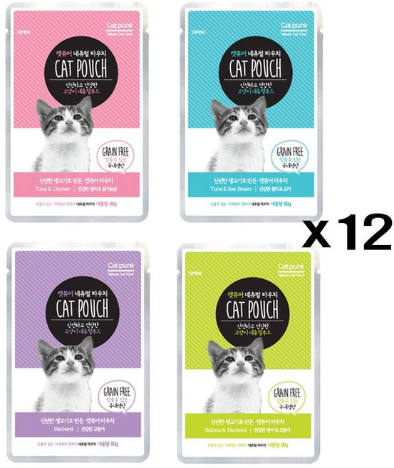 생고기원료 그레인프리 캣푸드80gx12 파우치 영양간식 그레인프리간식 고양이파우치 캣퓨어파우치, 건강한참치닭가슴살, 12개