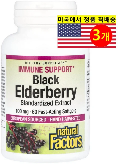 Natural Factors 내추럴 팩터스 블랙 엘더베리 100mg Black Elderberry, 3개, 60정 - 쿠팡