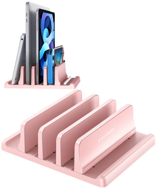 Vaydeer 프리미엄 ABS 플라스틱으로 제작된 3슬롯 수직 노트북 스탠드 5 in 1 디자인으로 모든 MacBook/크롬북/표면용 공간 절약형 조절식 책상 정리함, Pink, 1개