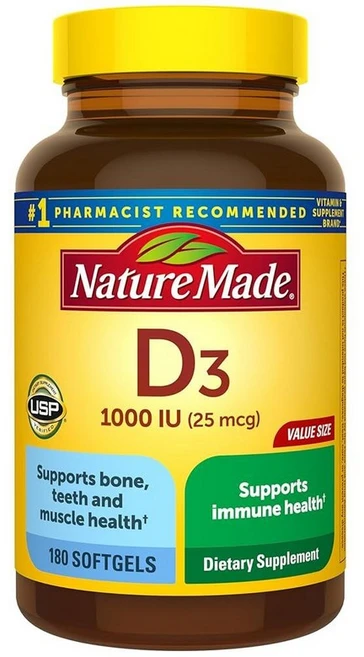 Nature Made 네이처메이드 비타민D3 1000IU 100정 소프트젤 영양제, 1, 180정 - 쿠팡