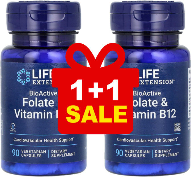 1+1 라이프익스텐션 바이오엑티브 엽산 폴레이트 및 비타민B12 베지 캡슐 90정 / 해외직구 미국정품, 2개