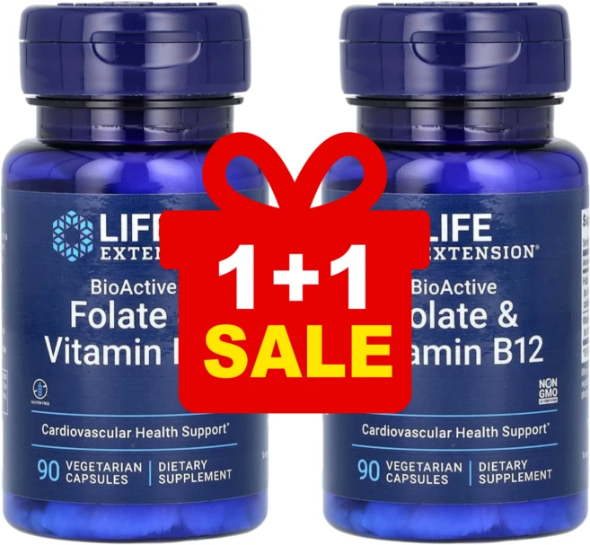 1+1 라이프익스텐션 바이오엑티브 엽산 폴레이트 및 비타민B12 베지 캡슐 90정 / 해외직구 미국정품, 2개 - 쿠팡