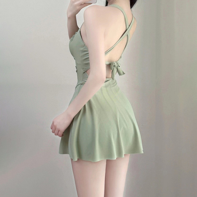 夏日連體泳衣 女裙式長袖防曬 溫泉游泳裝, 淺綠色不帶外套,發請拍大碼建議60.0 80.0公斤