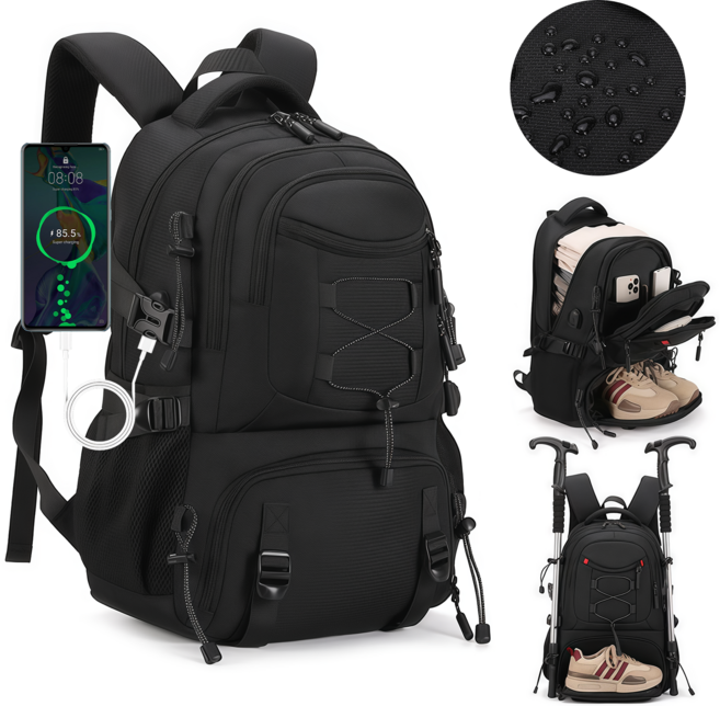 Firina 경량 대용량 여행용 백팩 아웃도어 등산 캠핑 데일리 더블 숄더 가방, 블랙