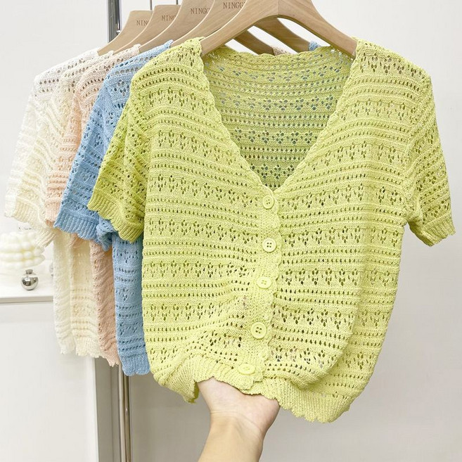 여성 여름 반팔 가디건 패션 캐주얼 냉감 니트 아우터 빅사이즈 슬림핏 얇은 펀칭 숏 상의 WMY