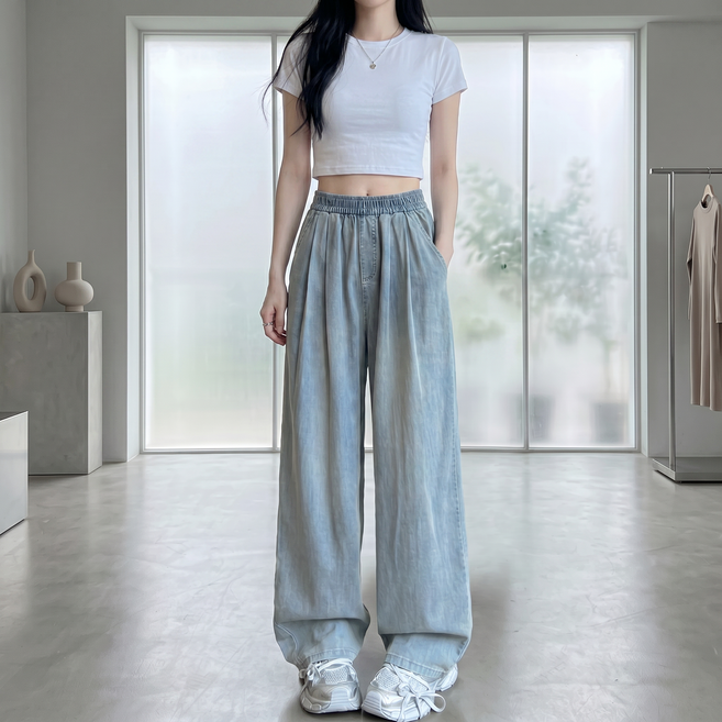 시연 여성 여름 쿨링 밴딩 스판 하이웨스트 데님 청바지