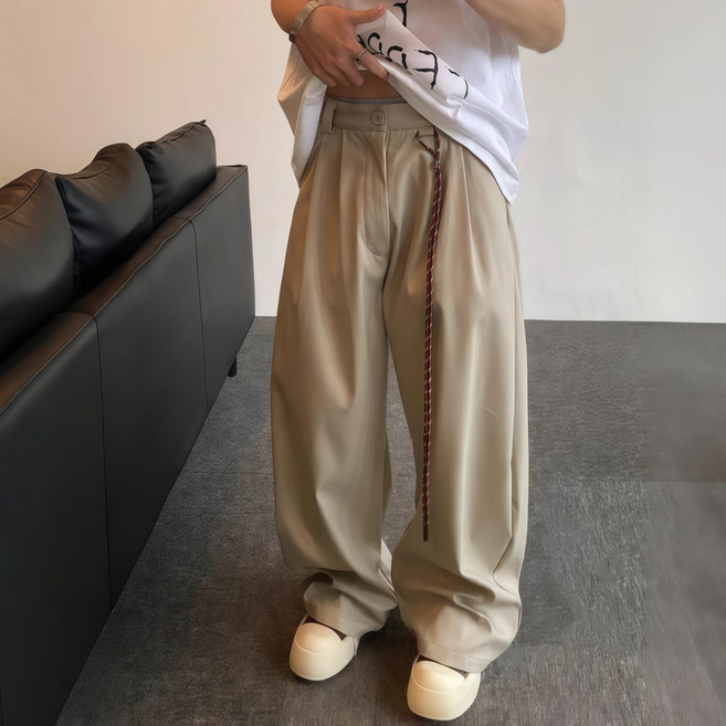 2025 미식 레트로 커브드 핏 슬랙스 | 오버사이즈 유니섹스 팬츠 | 프리미엄 블랙 드레이핑 소재 | 출근룸&데일리 캐주얼