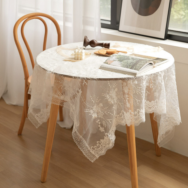 온기브 안개꽃 레이스 덮개 4인 6인 원형 식탁보 커버 돌상 테이블보, 130x200