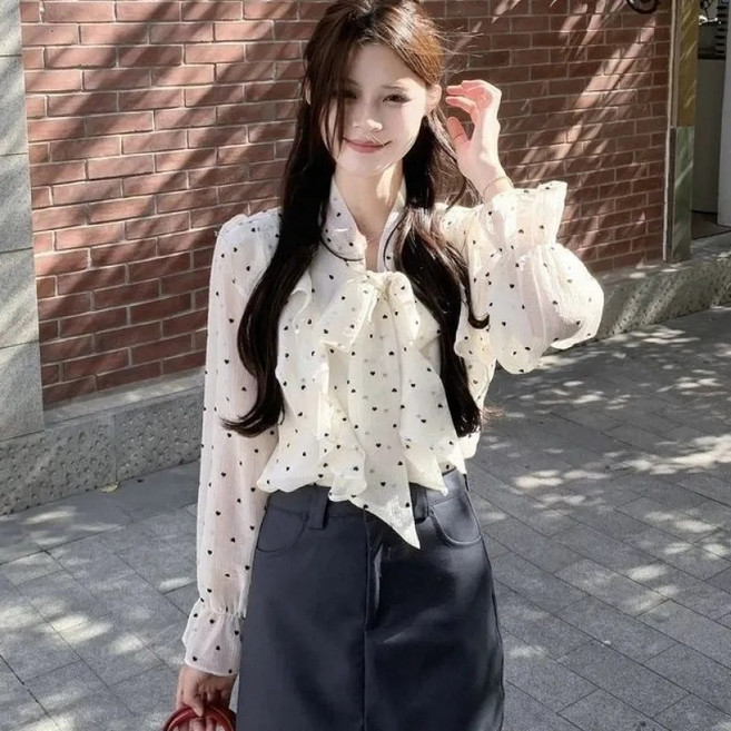 SAHINER 여성 블라우스 리본넥 시스루 도트패턴 봄가을 BCS59