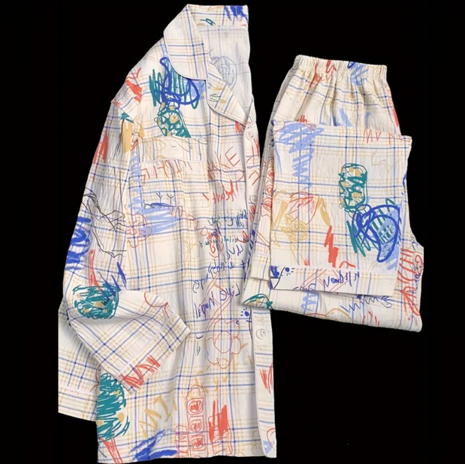 여성용 레트로 그래피티 프린트 체크 패턴 파자마 세트 긴팔 수면잠옷 사계절 통용 빈티지 스타일 홈웨어