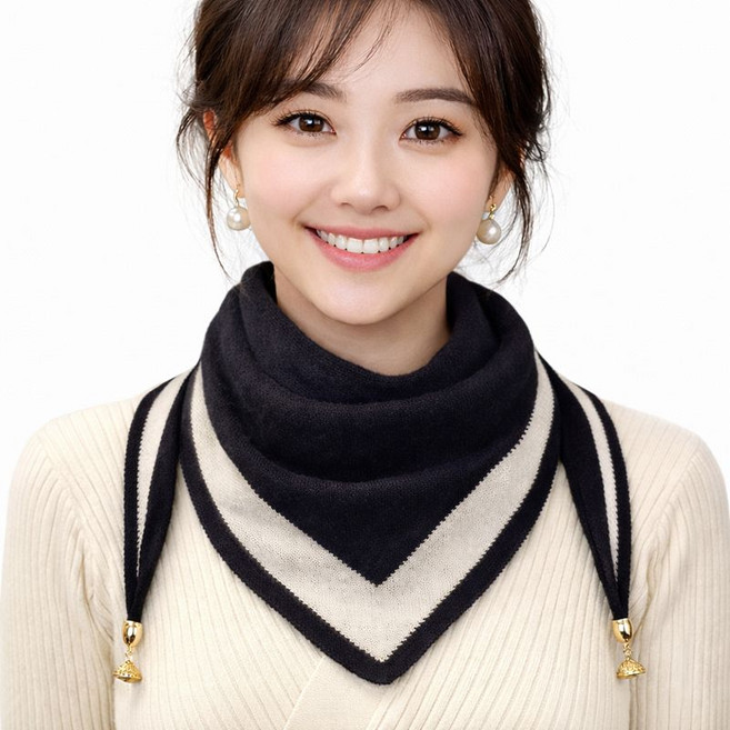 여성 쁘띠 스카프 삼각스카프 실크감 패턴 머플러 데일리 숄 가디건 니트 망토 레이어드 단추 T4060