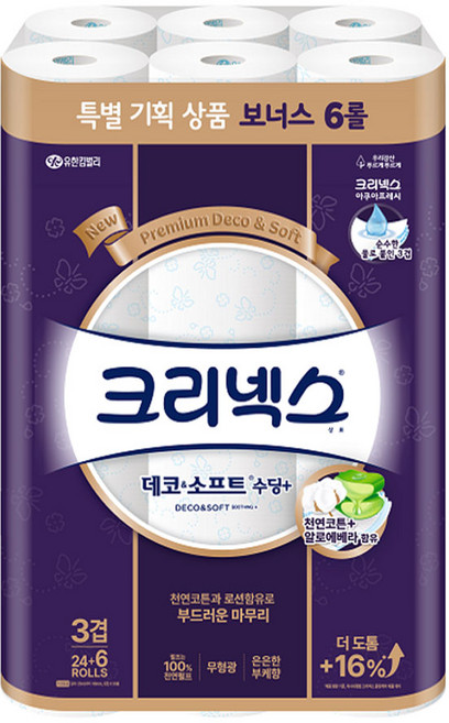 크리넥스 3겹 데코 앤 소프트 수딩 플러스 천연펄프 고급롤화장지, 25m, 30개입, 1개