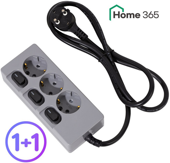 1+1 홈365 국산 개별멀티탭 3구 멀티탭 0.7m 1.5m 3m 5m 7m 10m / 16A 멀티콘센트, 개별스위치 3구 그레이, 2개