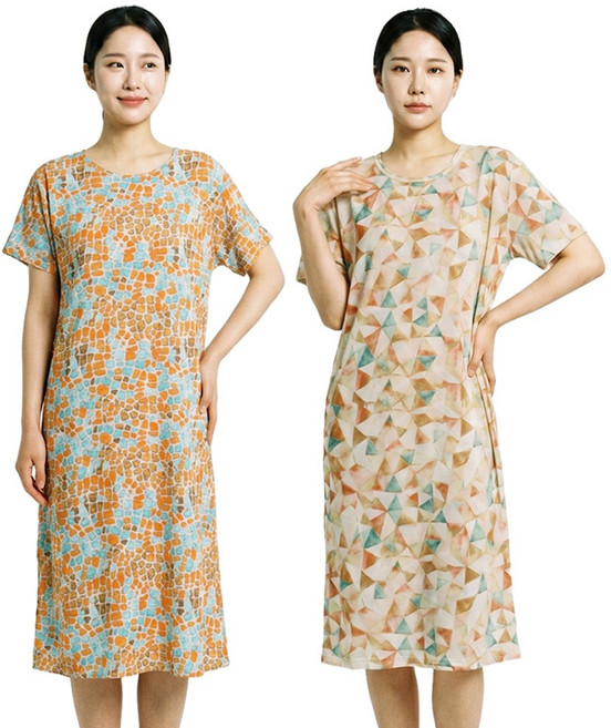 (2장) 까실이 기하 반팔 원피스 여성 여름 쿨 아이스 잠옷 홈웨어 1+1