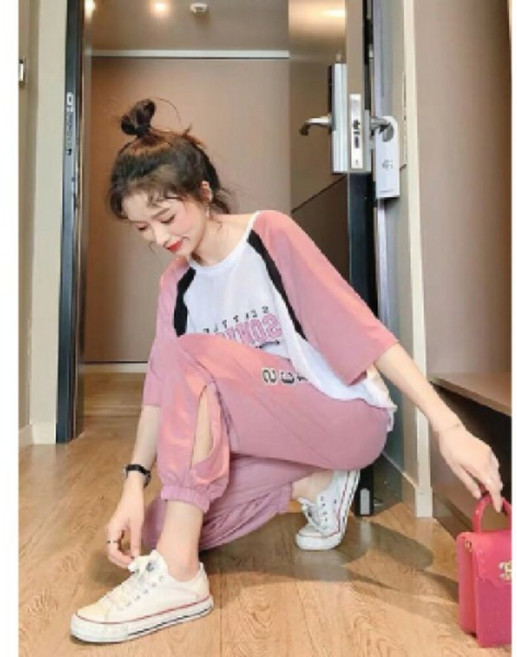 夏裝新款洋氣運動休閒時尚顯瘦兩件式短袖套裝女 b0065