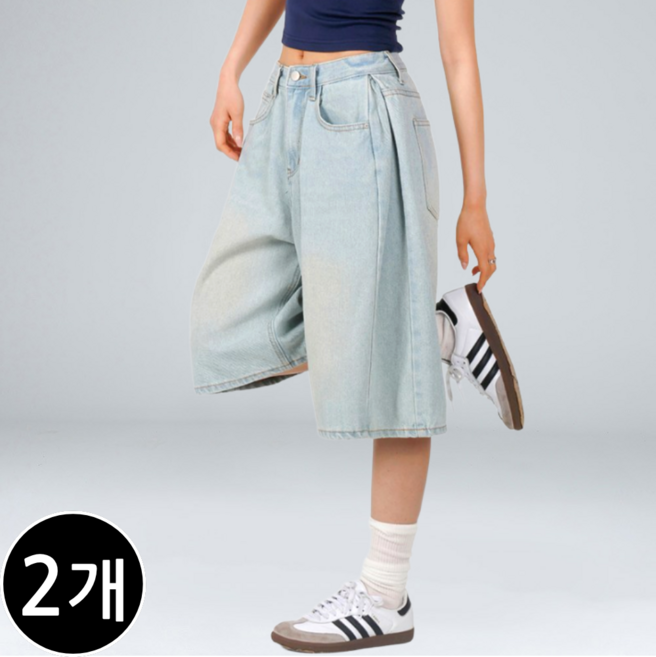 2장 세트 남녀공용 사이드 턱 워싱 와이드 버뮤다 데님 팬츠 반바지 빅사이즈 (6571-2)