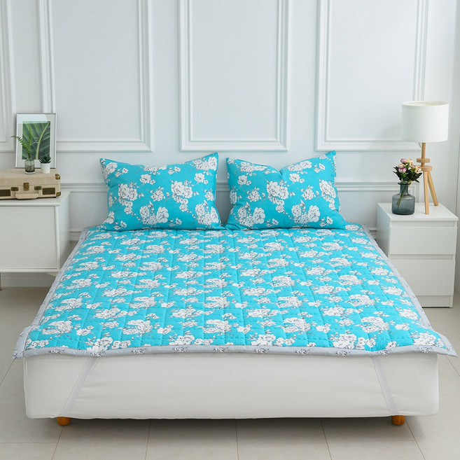 먼지없는 사계절 미끄럼방지 고정밴드 누빔 매직픽 침대패드, 플라워스카이