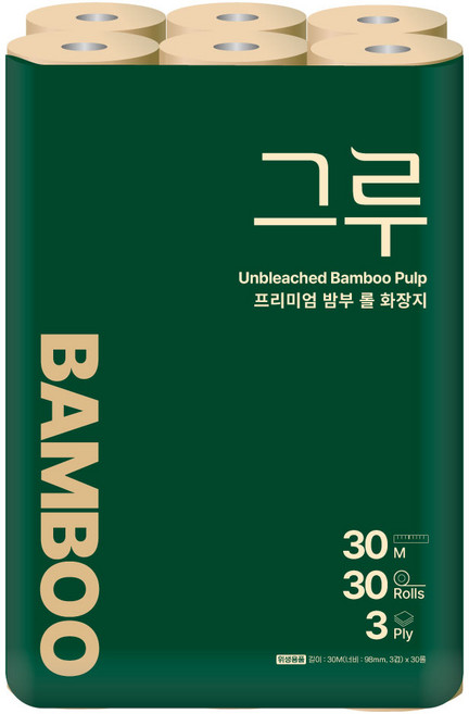 삼정펄프 그루 프리미엄 밤부 천연펄프 3겹화장지 30M 30롤 1팩, 1개, 30개입