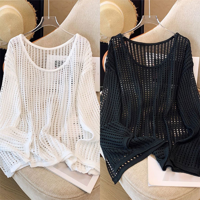 POMTOR 1+1 여성 여름 펀칭 니트 자외선차단 비치 아우터 루즈핏 얇은 시스루 긴팔 데일리룩 상의