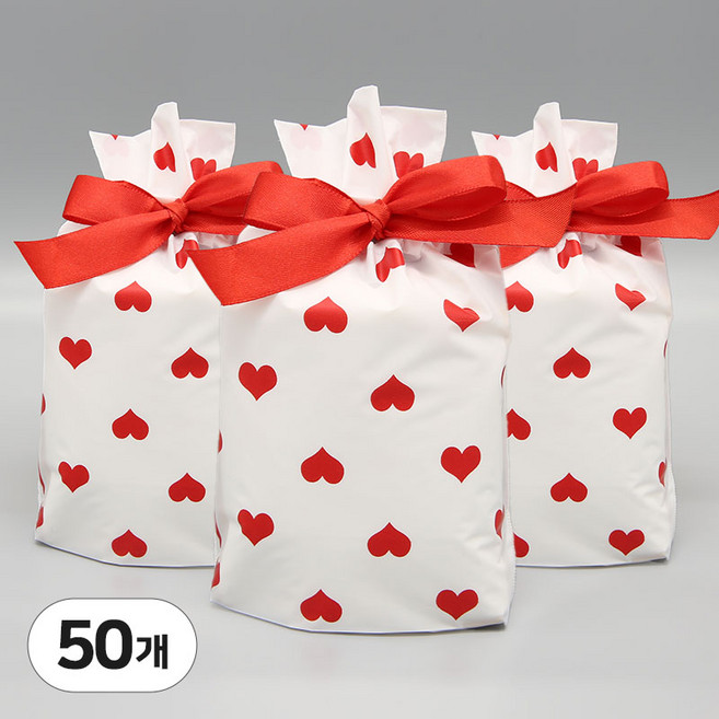 선물포장 비닐백 구디백 리본 선물 포장지 사탕 포장 비닐, 하트, 50매