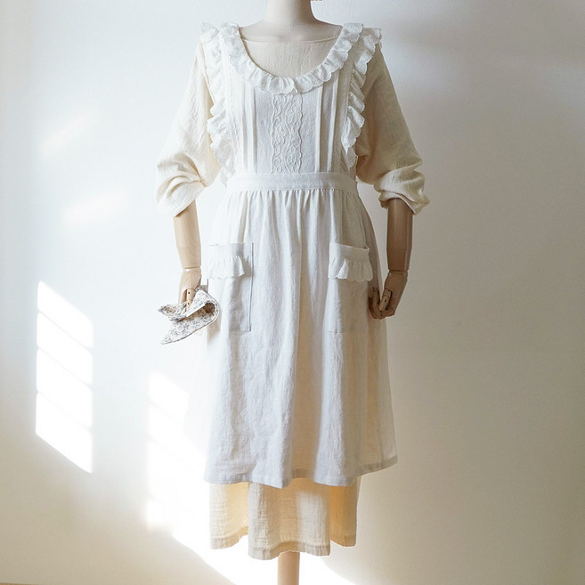 달라홈 화이트 레이스 프릴 앞치마 린넨 신혼 집들이선물 플로리스트 카페 네일 동백이 국내산, 1개