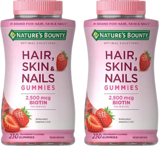 [Nature's Bounty] 헤어 스킨 & 네일 구미 위드 비오틴 2500 mcg 스트로베리 맛 230 구미 2 SET, 230정, 2개