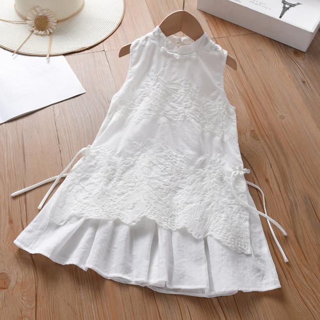 DFMEI 女童無袖旗袍連衣裙夏季新款女寶寶重工刺繡洋氣白色背心裙