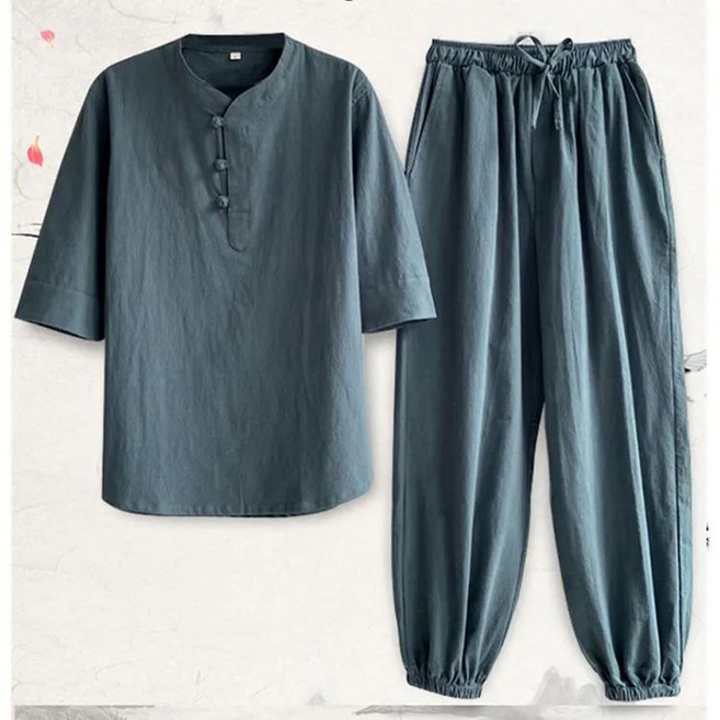 JUSTFEELING 남성 면마 반팔 셔츠 + 밴딩 조거팬츠 긴바지 캐주얼 린넨 상하투피스 편한 남자 상하의세트